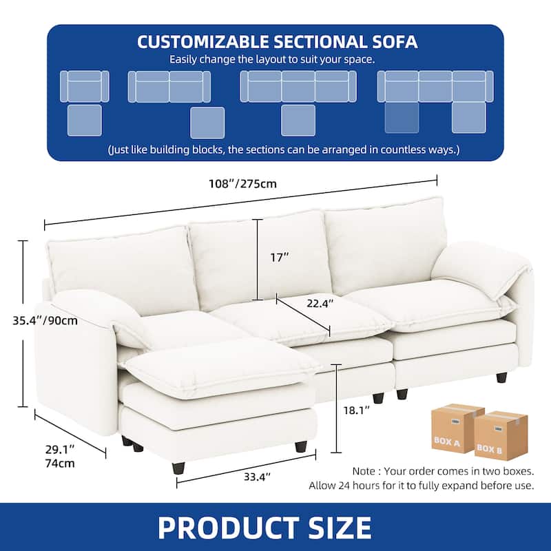 Moasis 108 Inch Velvet L Shaped Sectional Sofa with Movable Ottoman and Pillow Armrest