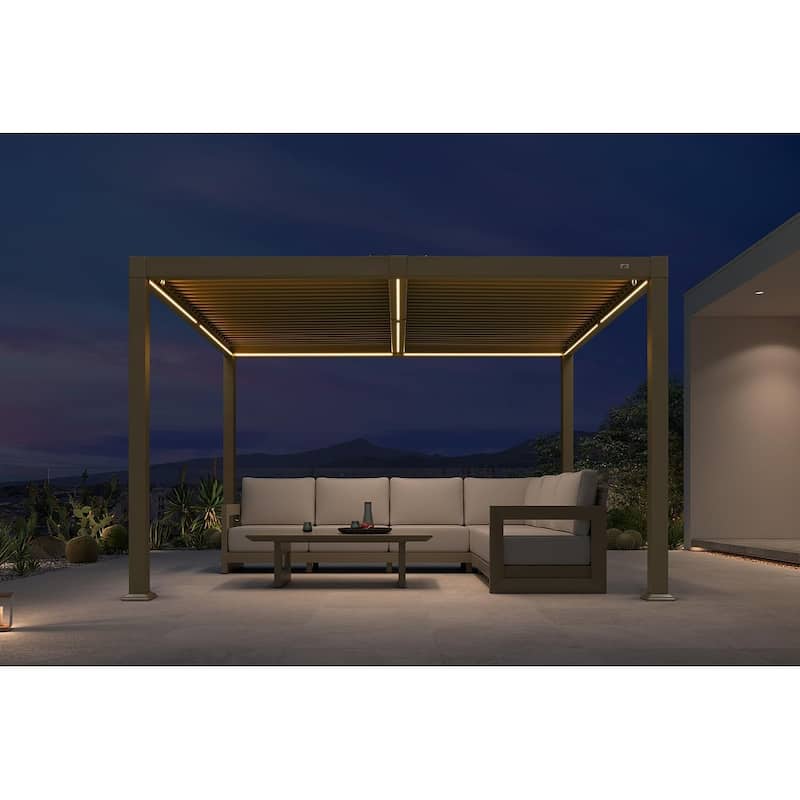 PURPLE LEAF Solar Louvered Pergola with LED String Lights Aluminum Outdoor Pergola with Adjustable Roof for Patio Garden - 10' x 12' - Champagne