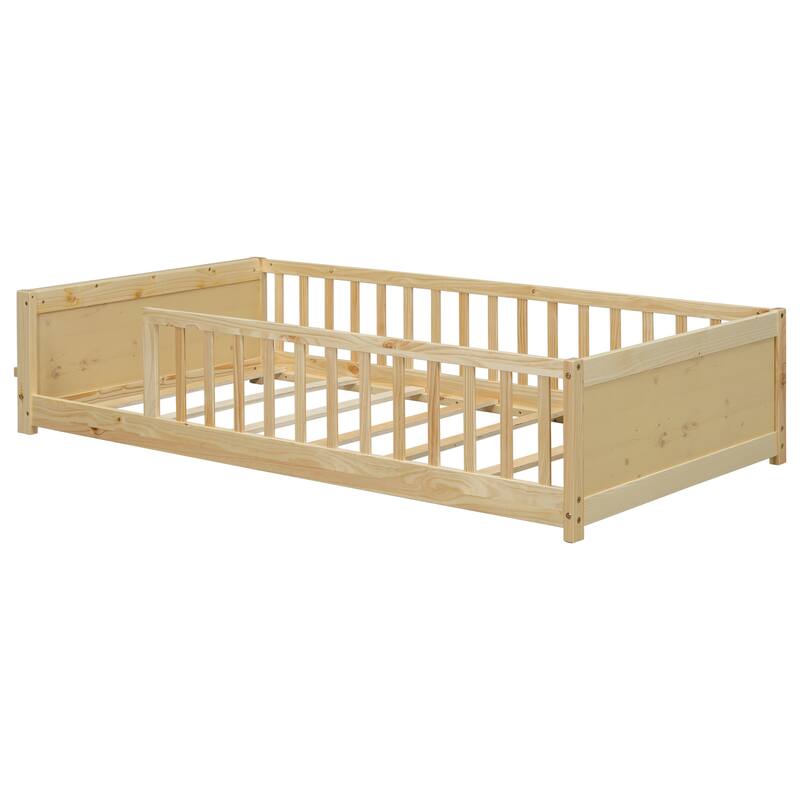 Floor Platform Bed with Built-in Book Storage Rack