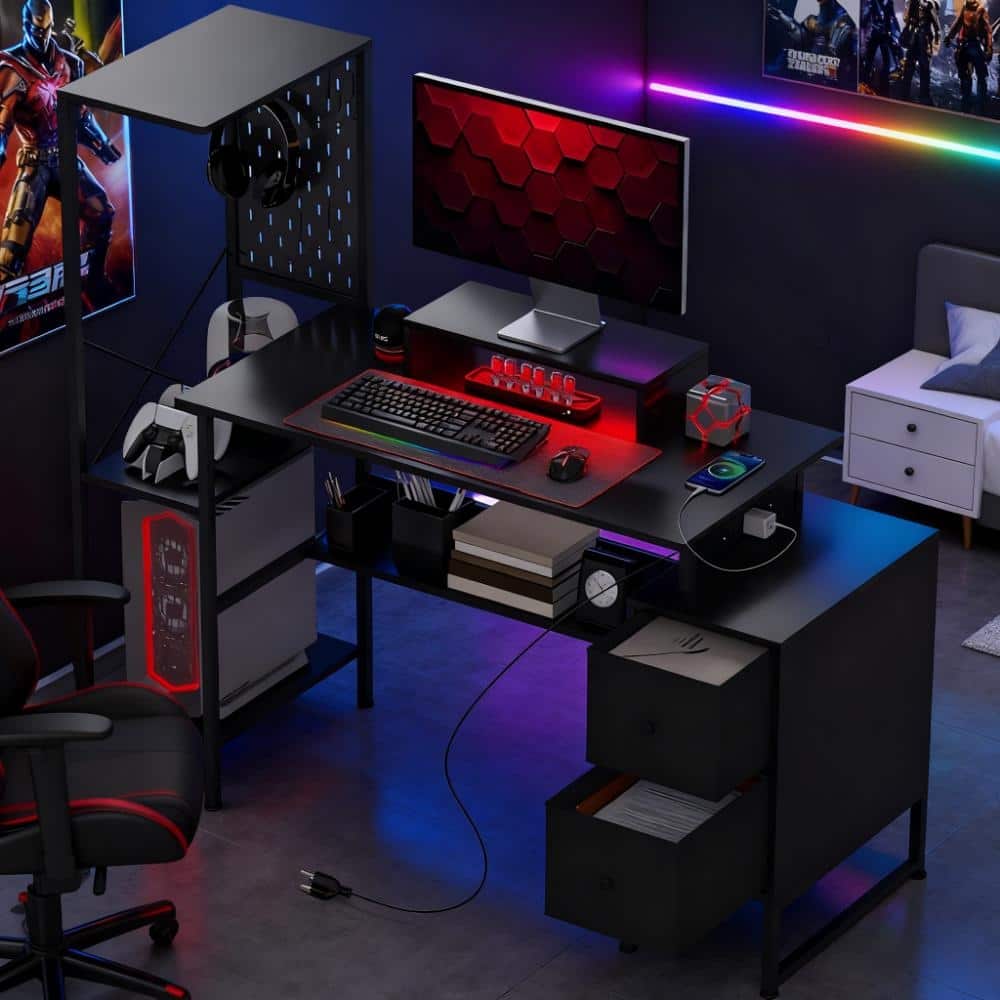 Gaming Desk with Storage and LED Lights, Computer Desk with Power Outlets USB C and Monitor Shelf for Home Office