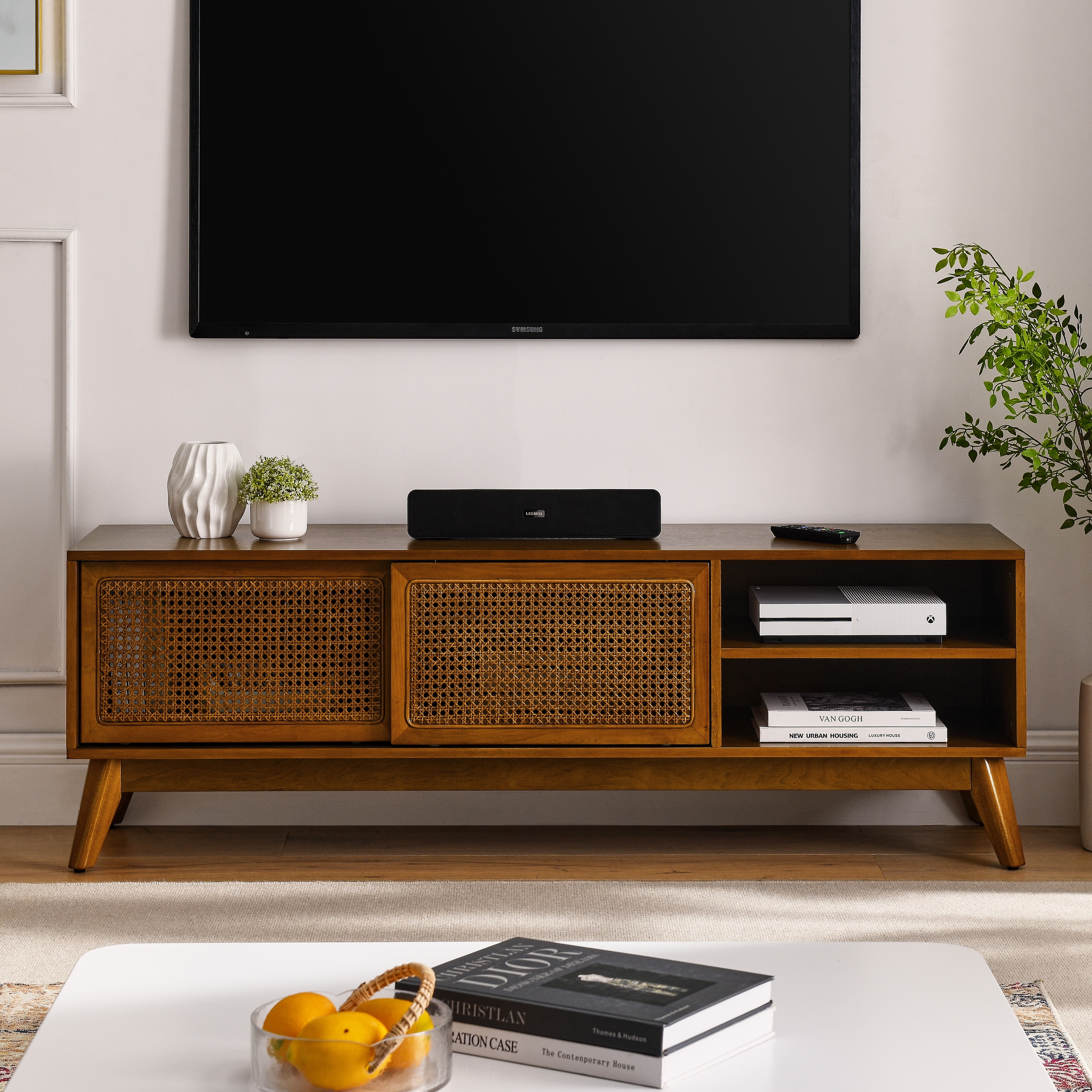 59" Mid-Century Modern TV Stand with Solid Wood Feet & Rattan Door for 65" TV