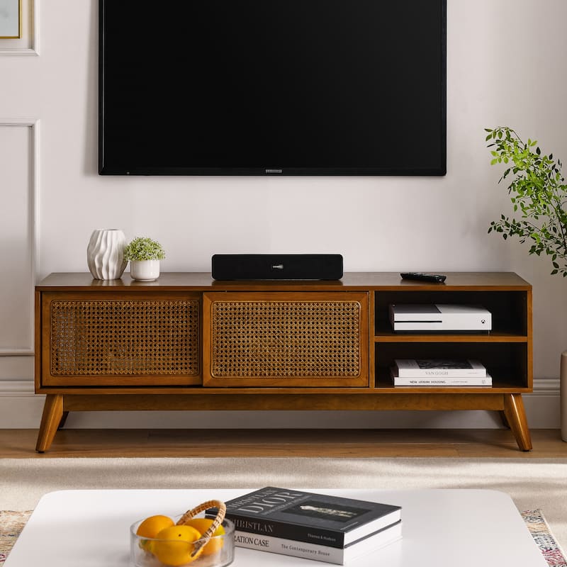 Roomfitters 59" Mid Century Modern Rattan TV Stand, Light Wood Entertainment Console, Media Cabinet for 65" TV
