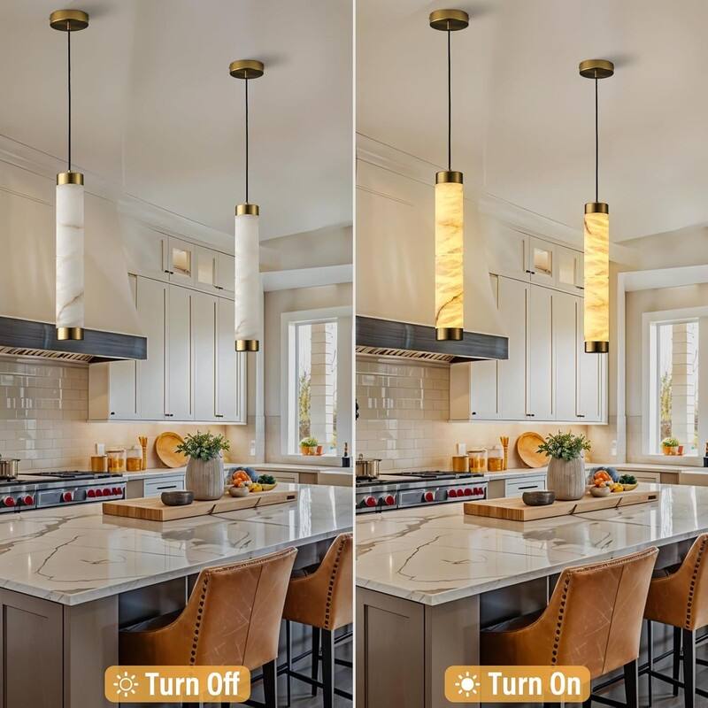 KAYLA Natural Alabaster Pendant Light - Brass Cylinder Marble Long Hanging Light - 19in