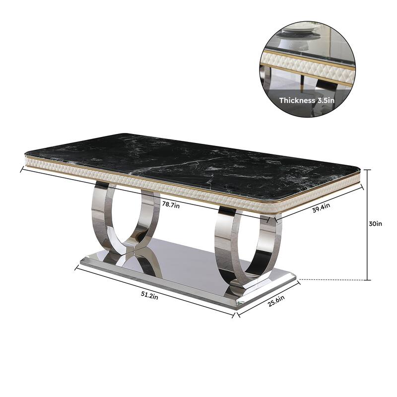 Luxury Modern Dining Table 78.7inch Black Dining Table with 8 chairs Faux Marble Dining Table Top with Dual Circle Bas