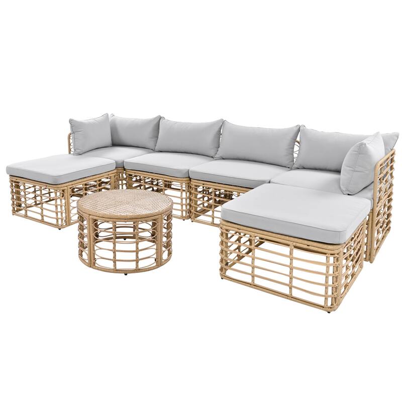 7 Pieces Outdoor Patio Furniture, with Thick Cushions & Pillows, All-Weather Rattan Sectional Sofa Set wRound Coffee Table