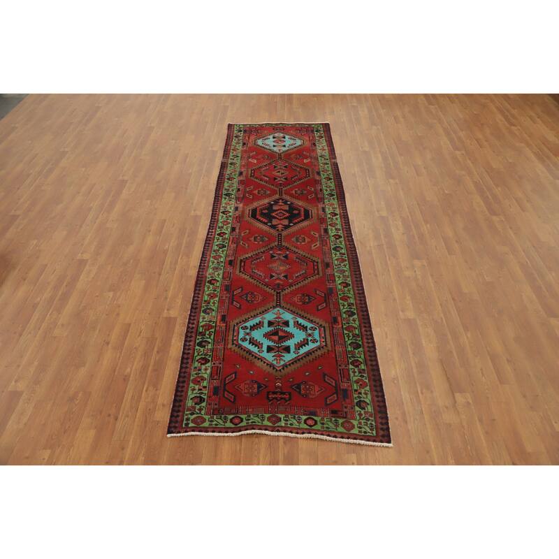 Hand Knotted Oriental 100% Wool Carpet Traditional Geometric Oranges & Rust Ardebil Runner Rug - 10' 7'' X 3' 3''