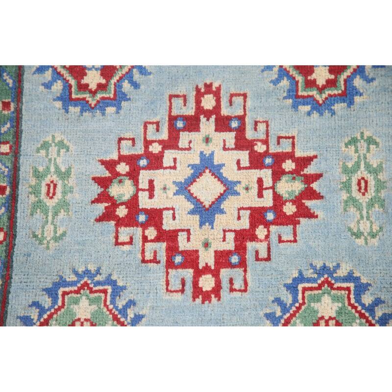 Hand Knotted Oriental 100% Wool Carpet Traditional Geometric Navy Blue & Blues Kazak Runner Rug - 6' 6'' X 2' 9''