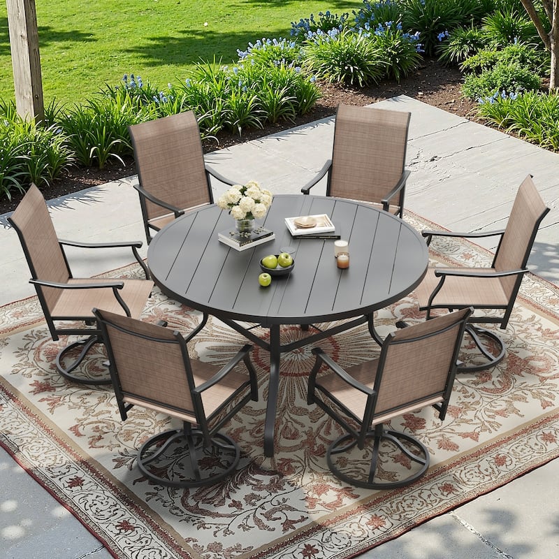 Round Outdoor Patio Dining Table, 47" Round Patio Table Wood-Like Grain with 1.57" Umbrella Hole, Metal Outdoor Dining Tables