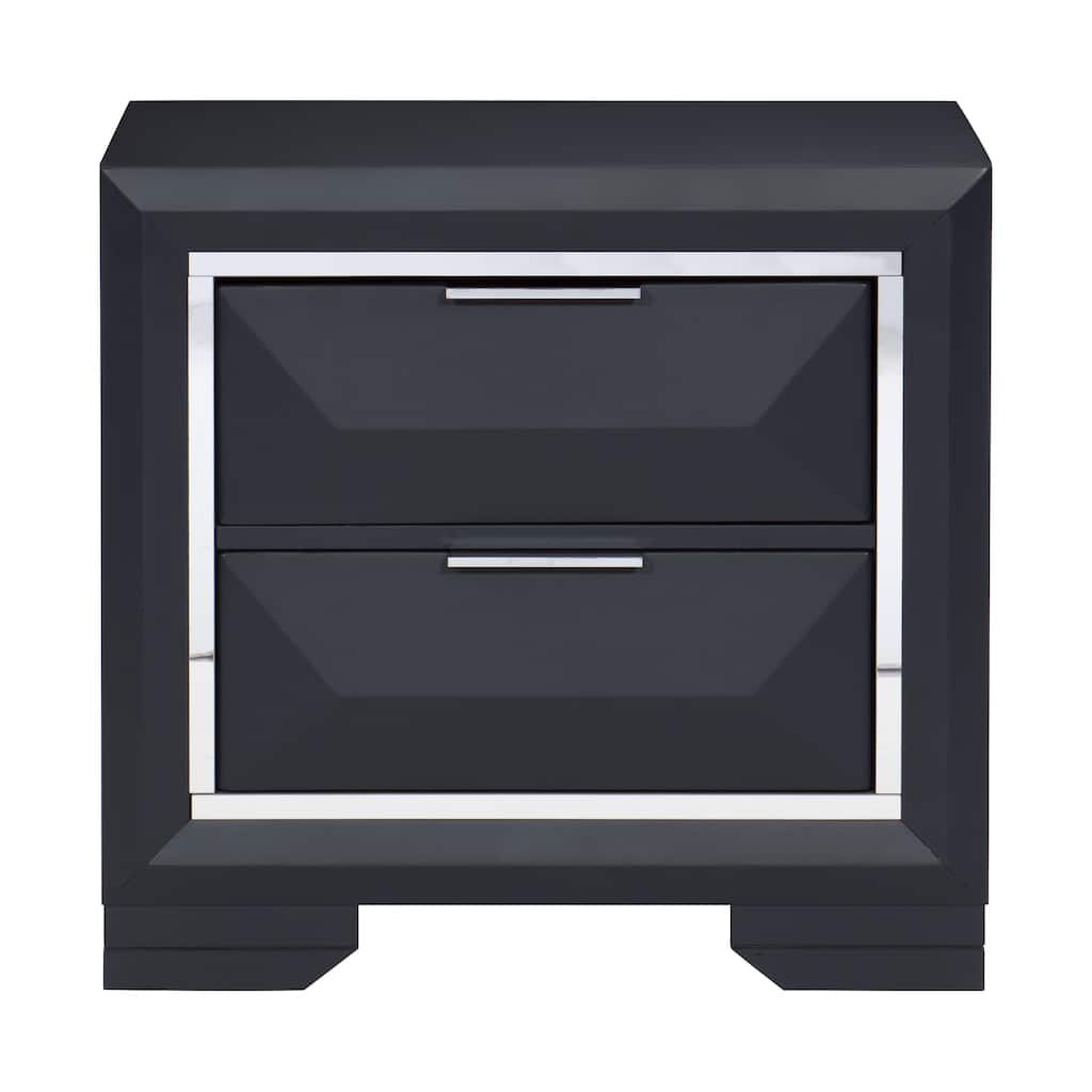 Modern Bedroom Nightstand of Two Drawers Beveled Acrylic Trim Wooden Furniture 1pc, Midnight Blue Finish