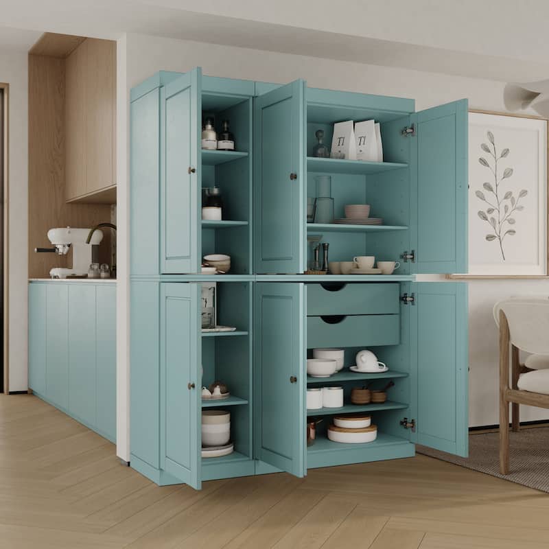 Palace Imports 100% Solid Wood China Pantry with Glass or Solid Wood Doors and 2-Drawers - 48.5" x 71.5" - Aqua - Solid