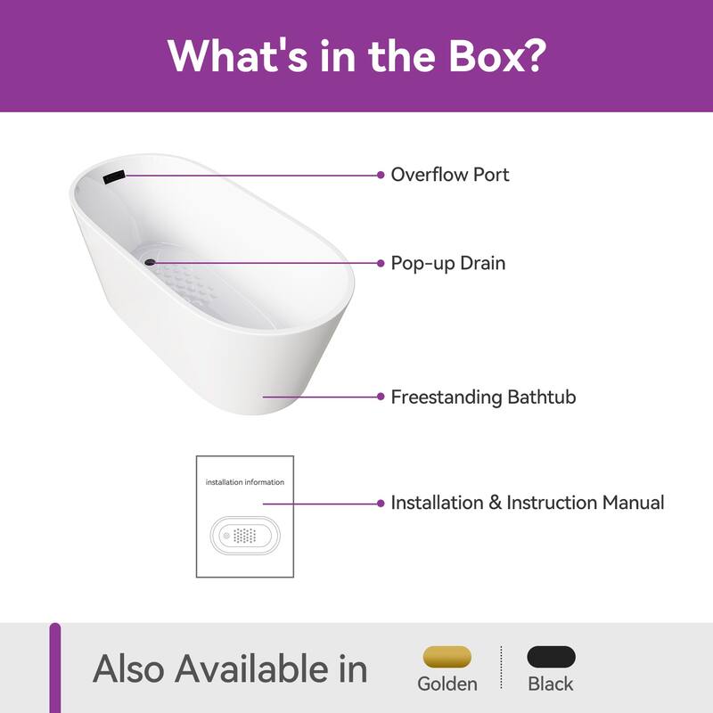 HOROW 59 in. Soaking Bathtub with Side Drain, White Tub with Matte Black Trim