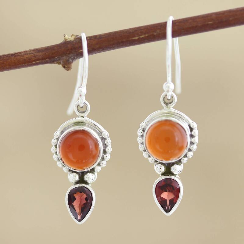 NOVICA Indian Fire, Carnelian and garnet dangle earrings - 1.5*0.4