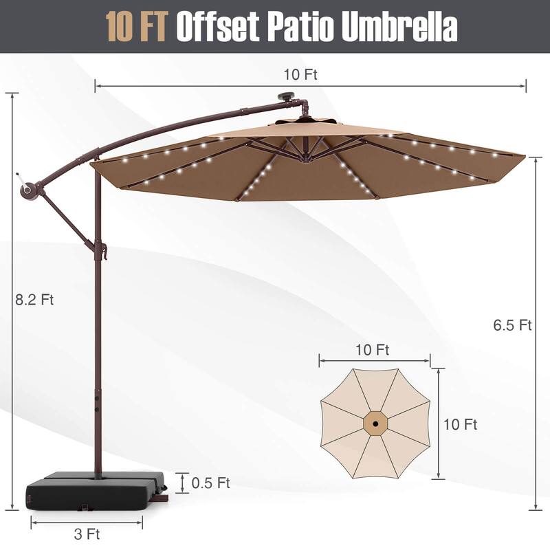 Costway Patio 10FT Hanging Offset Umbrella 32 LED Lights Sand Bag