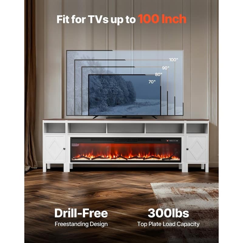 60-Inch Electric Fireplace TV Stand in White for Large TVs Adjustable Heat and Flame Settings - 60.79” x 6.3” x 13.98”