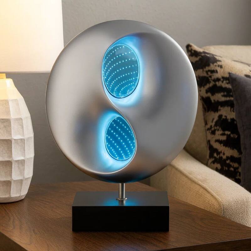 Nila 20 Inch LED Table Lamp, Black Silver Polyresin Orb Sphere, Block Base