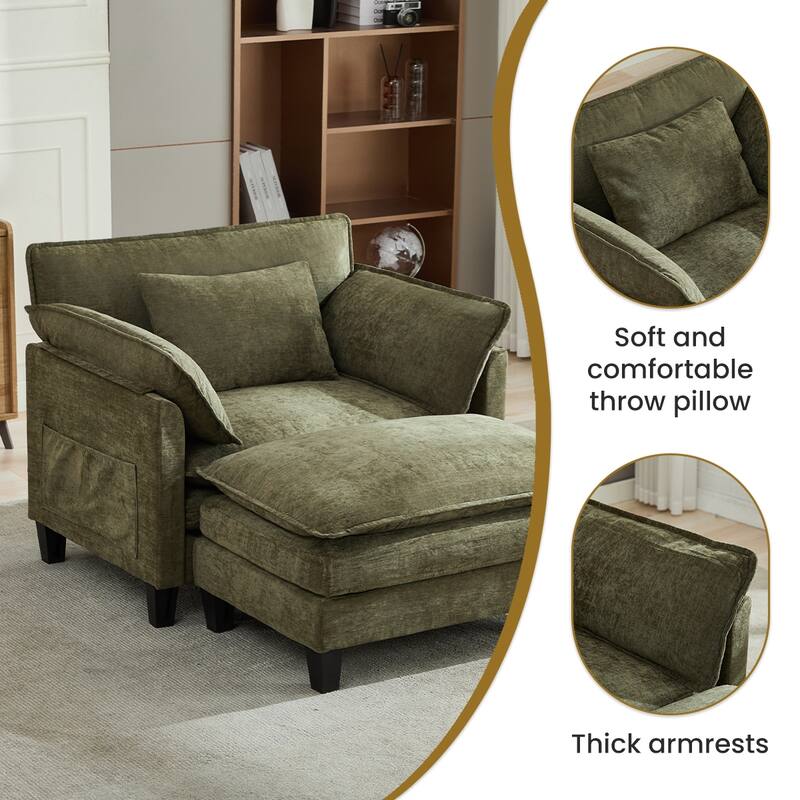 Oversized Single Sofa Chair with Ottoman, Double-Layer Seat Cushion, Chenille Fabric Lounge Chair, Living Room Reading Chair