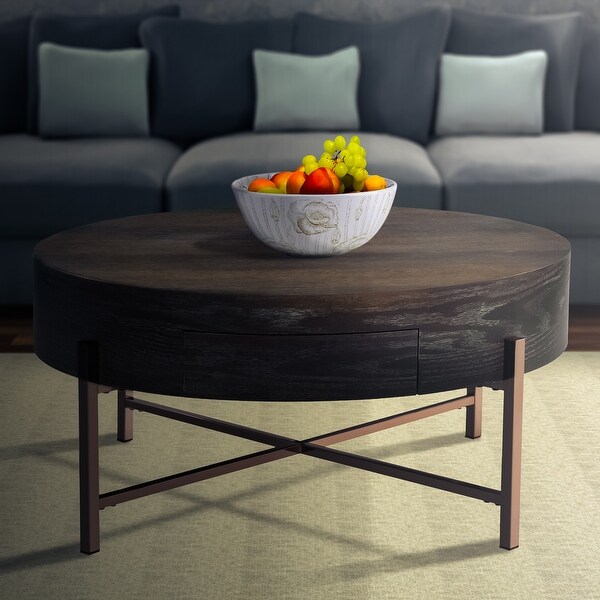 1 Drawer Round Modern Coffee Table with Crossed Metal Legs Brown