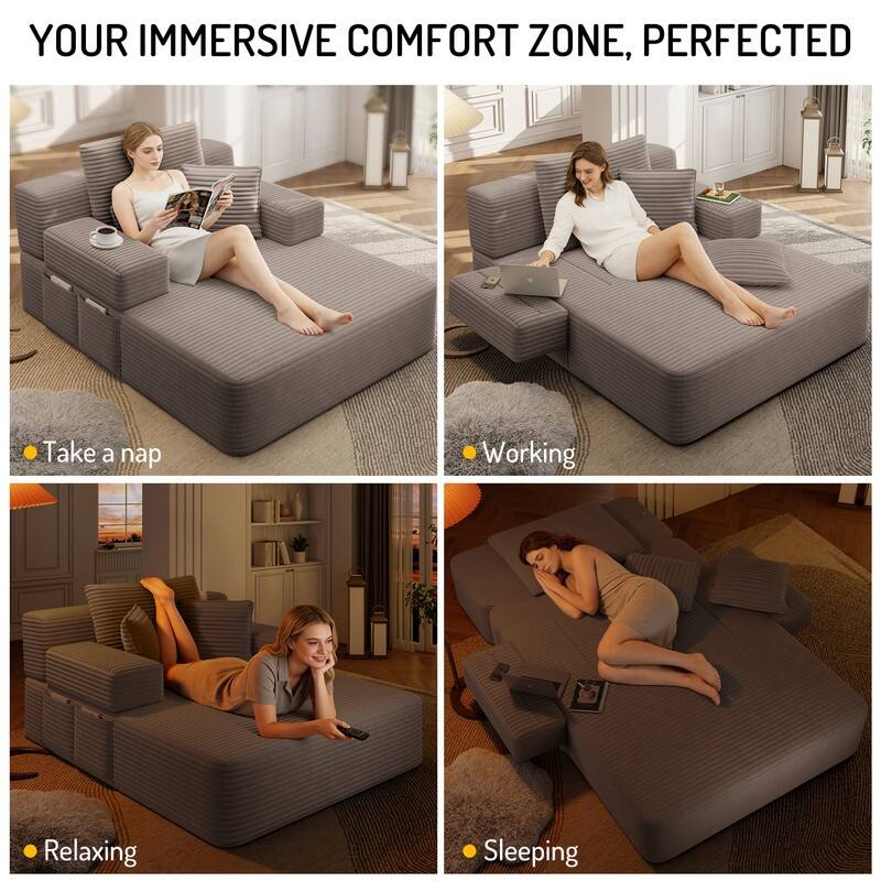 Luxurious Plush Corduroy Chaise Lounge Convertible Sofa Bed with Storage Pocket and Wide Armrests