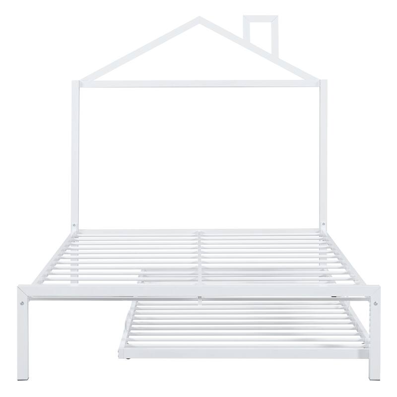 Metal Platform Bed with Twin Size Trundle,House-Shaped Headboard