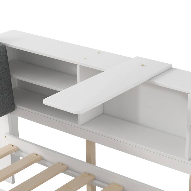 Twin Size Platform Bed with Trundle, Storage Shelves, Headboard with Upholstery, and Space-Saving Rotating Board
