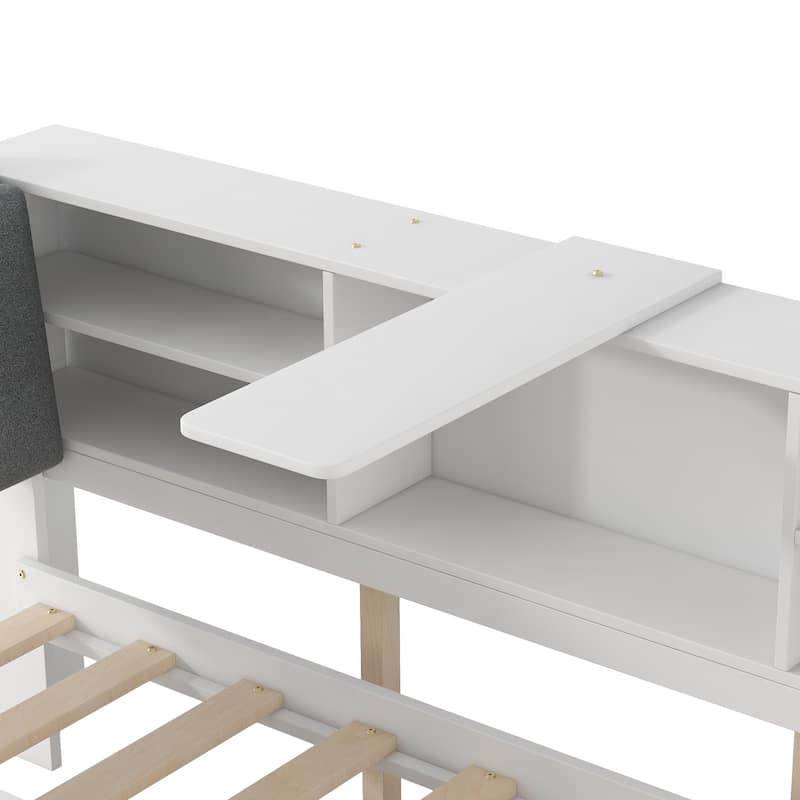 Twin Size Platform Bed with Trundle Bed, Built-in Storage Headboard, Shelves, and Rotating Board, Upholstered Backrest