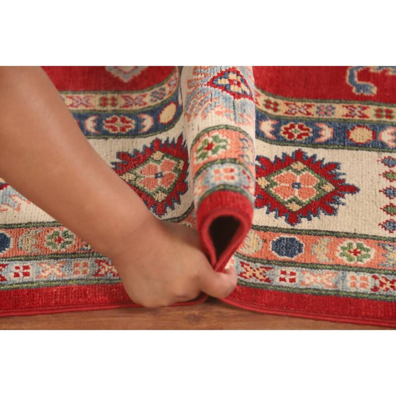 Red Geometric Kazak Living Room Area Rug Handmade Wool Carpet - 6'7" x 9'11"