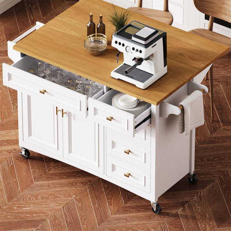 52" Rolling Kitchen Island with Drop Leaf,Spice Rack,Adjustable Shelf