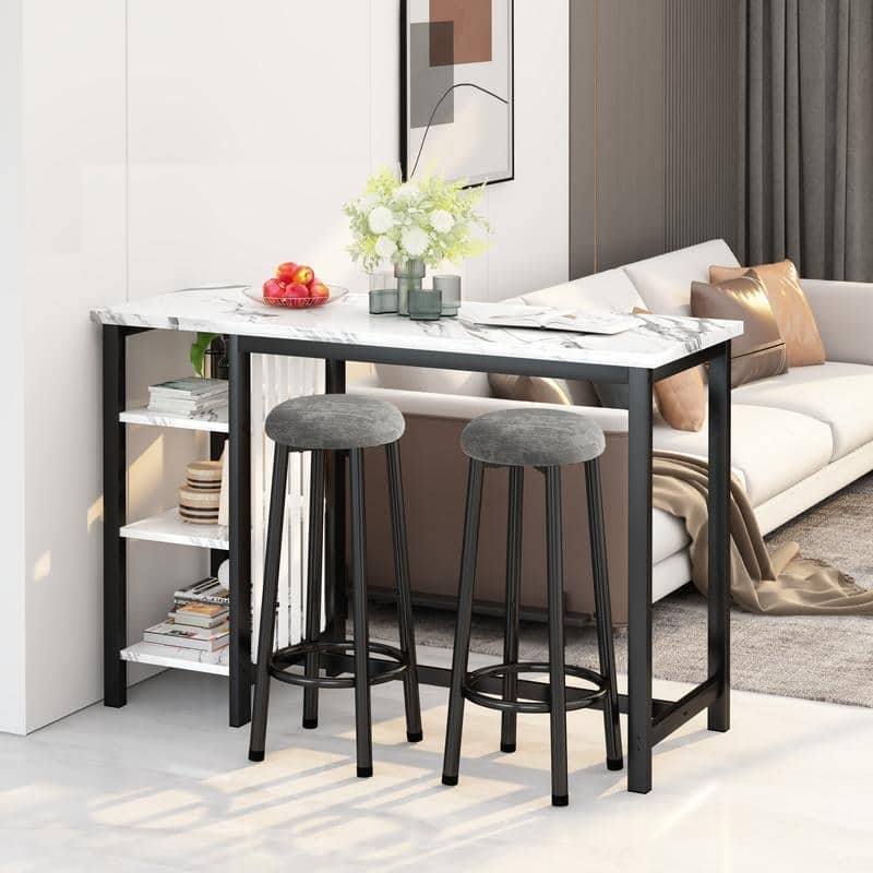 Grondin Modern Contemporary Faux Marble 3 Piece Bar Table Set with 2 Upholstered Stools and Extra Storage Shelves