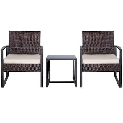 3 Piece Outdoor PE Wicker Furniture Set, Patio Brown Rattan Sectional Sofa Couch with Washable Cushions