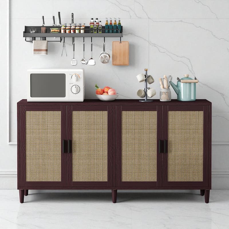 70" Rattan Sideboard Buffet Cabinet with Adjustable Shelves and Storage, Solid Wood Legs, for Kitchen or Dining - Brown