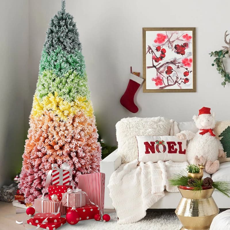 7.5ft Rainbow Gradient Flocked Christmas Tree with 1927 Tips, Artificial Pine with Snowy Finish, Hinged Design and Metal Stand