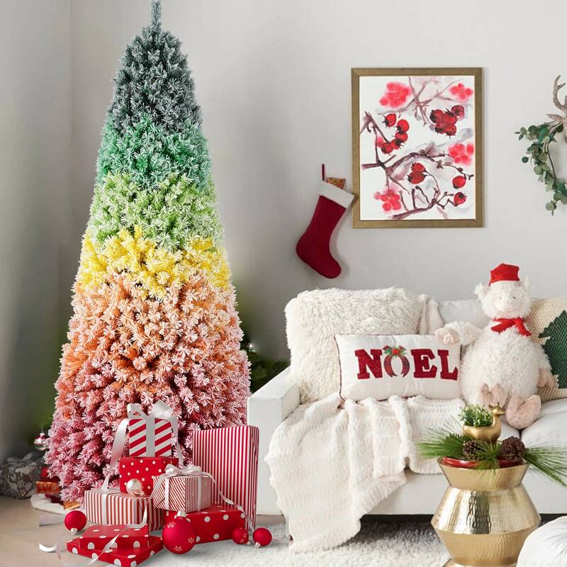 Rainbow Gradient Flocked Tree - Colorful PVC Branches, Snowy Finish, Hinged Design, Metal Stand