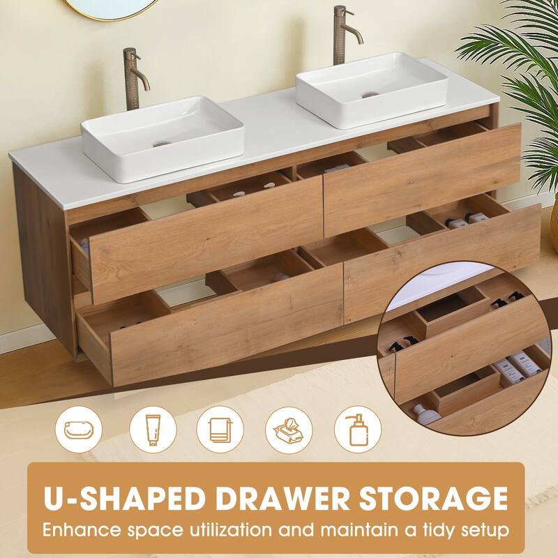 72" Floating Bathroom Vanity Quartz Counter Top with Double Ceramic Vessel Sink - Square Sink