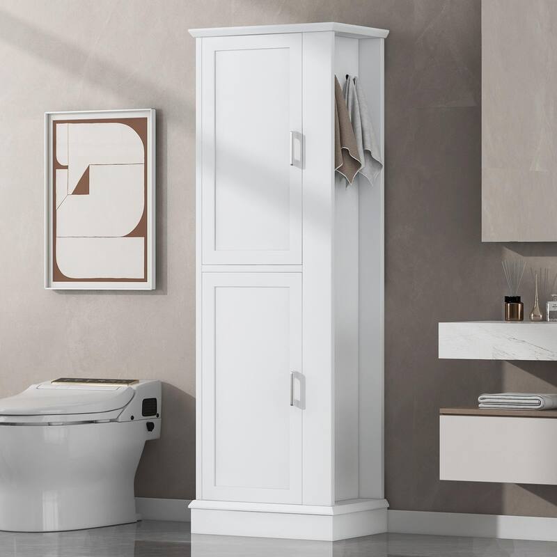 Tall Bathroom Storage Cabinet with Two Towel Hooks Adjustable Shelves and Left or Right-handed Opening Door