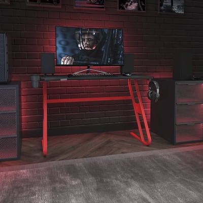 Red Gaming Ergonomic Desk with Cup Holder and Headphone Hook