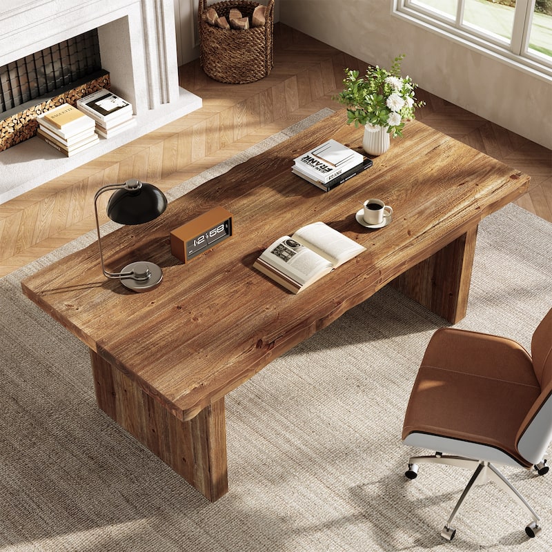 Solid Wood Executive Office Desk, 63" Large Computer Desk Workstation - Rustic Brown