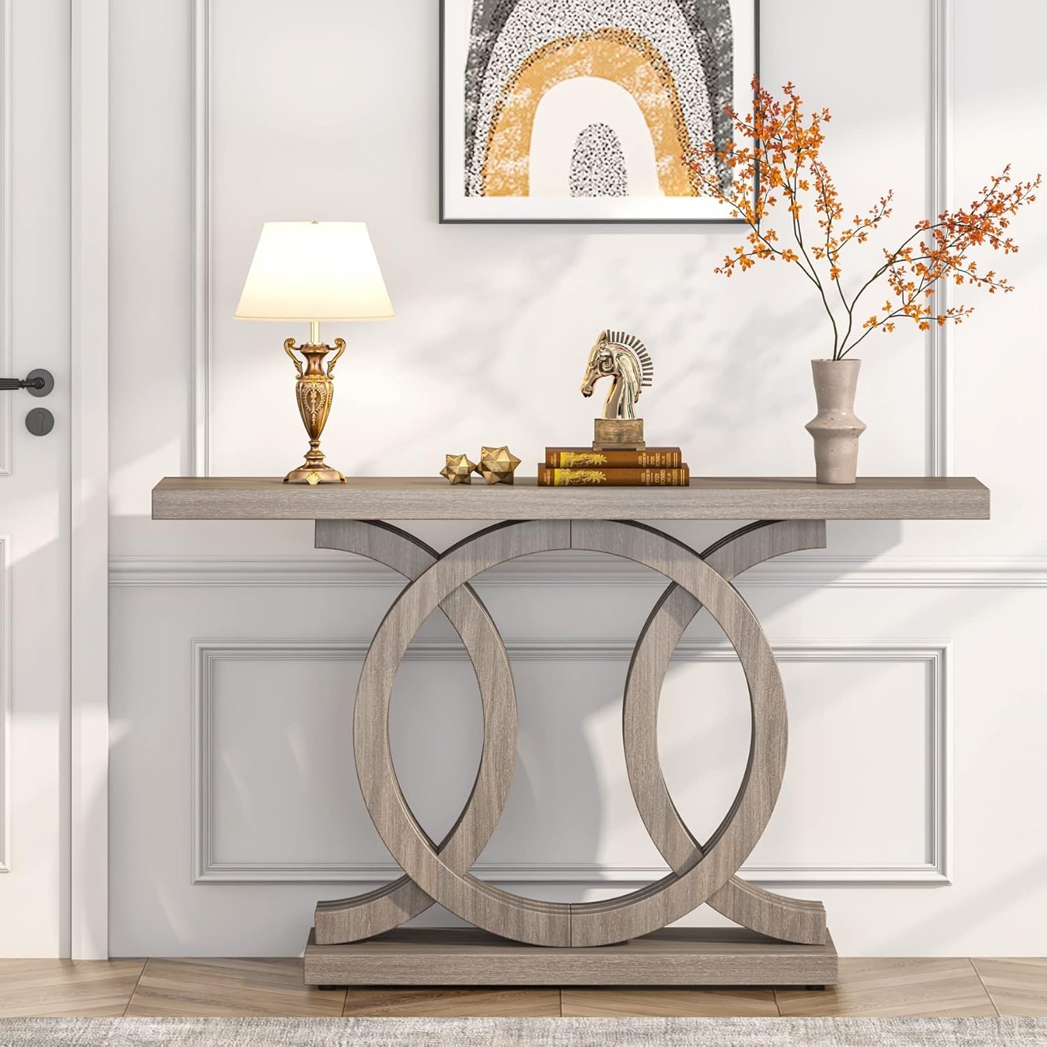 55" Grey Farmhouse Console Table with Geometric Base, Rustic Entryway Sofa Table for Living Room or Foyer
