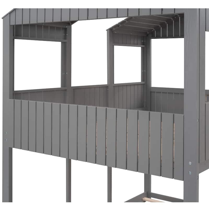 Merax Full over Full Wood Tower Bunk Bed with Roof