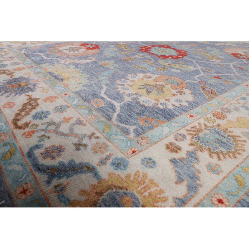 All-Over Blue Floral Oushak Indian Area Rug Hand-Knotted Wool Carpet - 7'11" X 9'9"