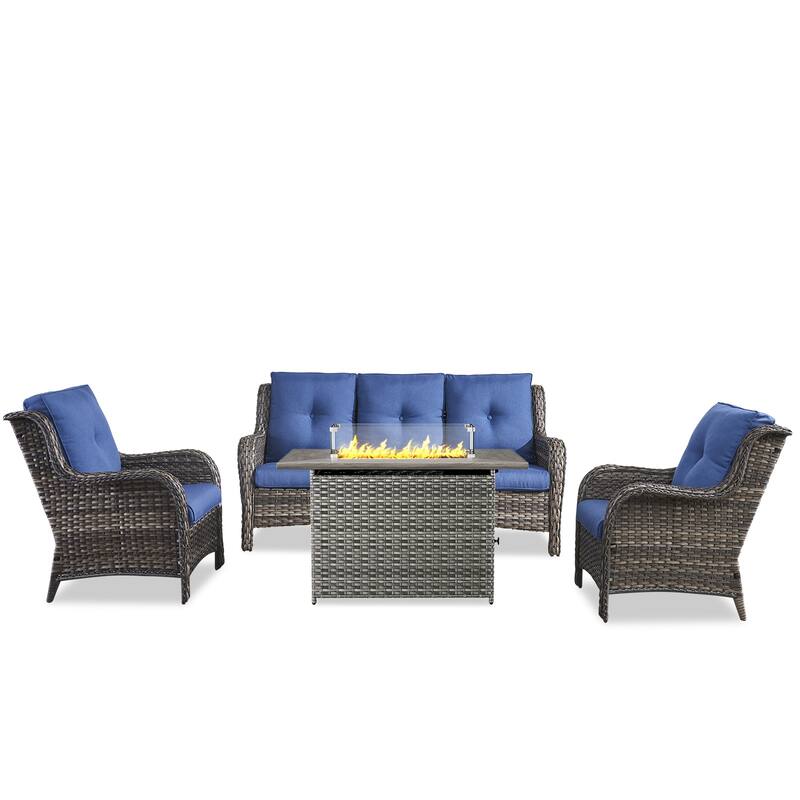 Fire Pit Table with Patio Sofa Club Chairs Grey-Blue - Grey