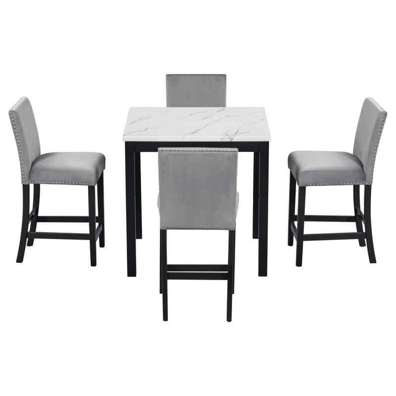 35" Faux Marble Top Dining Table and 4 Velvet Chairs, 5-Piece Dining Set