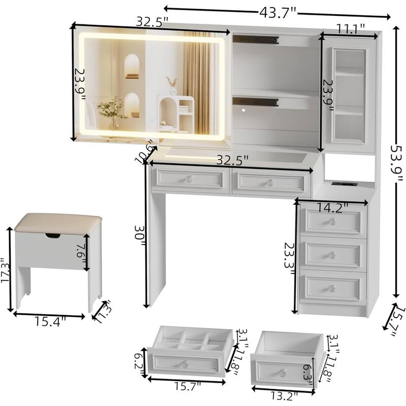 Vanity Desk Set with Sliding Lighted Mirror & Stool, 5 Drawers, Storage Cabinet, Charging Station
