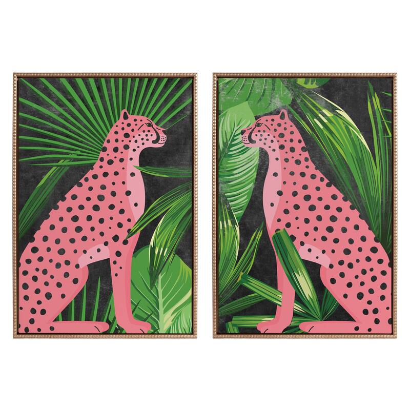 Kate and Laurel Sylvie Beaded NC Cheetah Jungle Single 1 and 2 Framed Canvas Art Set by Nikki Chu - 2 Piece Set 23x33 - Gold