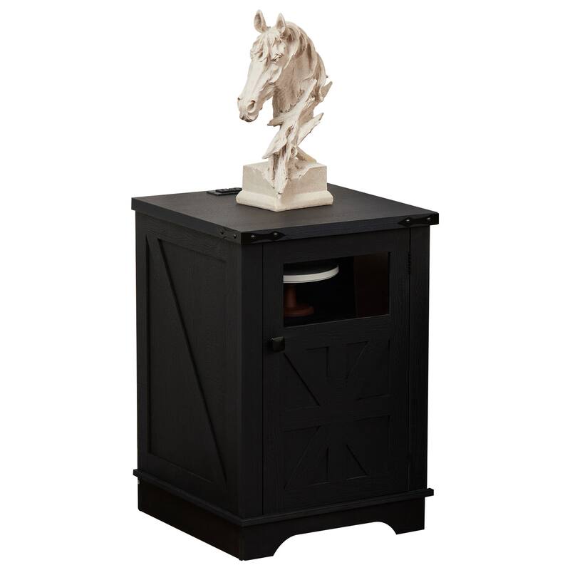 Farmhouse 18' Rustic Nightstand Wooden End Table with Charging, Barn Door, Adjustable Shelf and 3-Tier Storage - Black