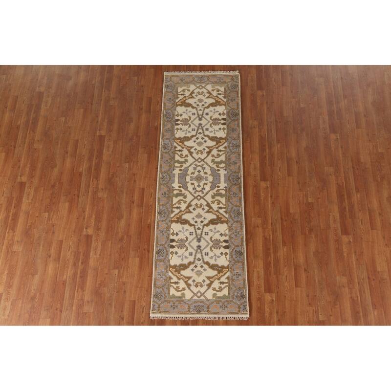 Geometric Oushak Oriental Runner Rug Handmade Wool Carpet - 2'7"x 7'11"