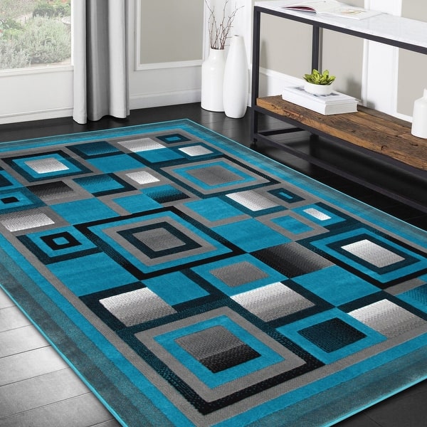 HR Turquoise, Gray and Multi Abstract Geometric Modern Squares Pattern ...