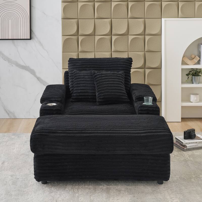 Black Corduroy Single Sofa with Pillows and Ottoman