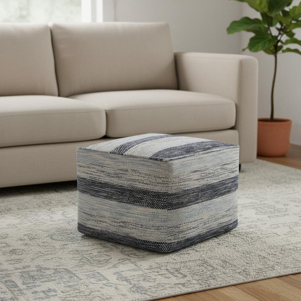 HomeRoots 18" Blue Cotton Striped Pouf Ottoman