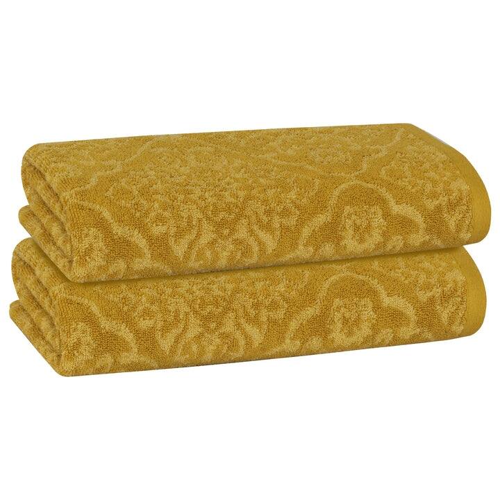PREMIUS 2 Pack Damask 100% Cotton Yarn Dyed Bath Sheet, 32x64 Inches - 30x64 Inches - Gold
