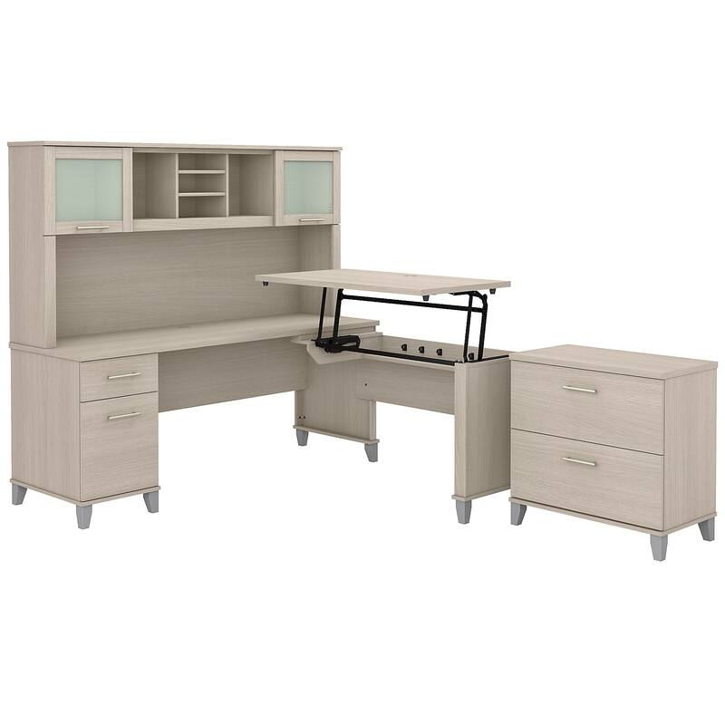 Somerset 72W Sit to Stand L Shaped Desk with Hutch and Cabinet in Gray